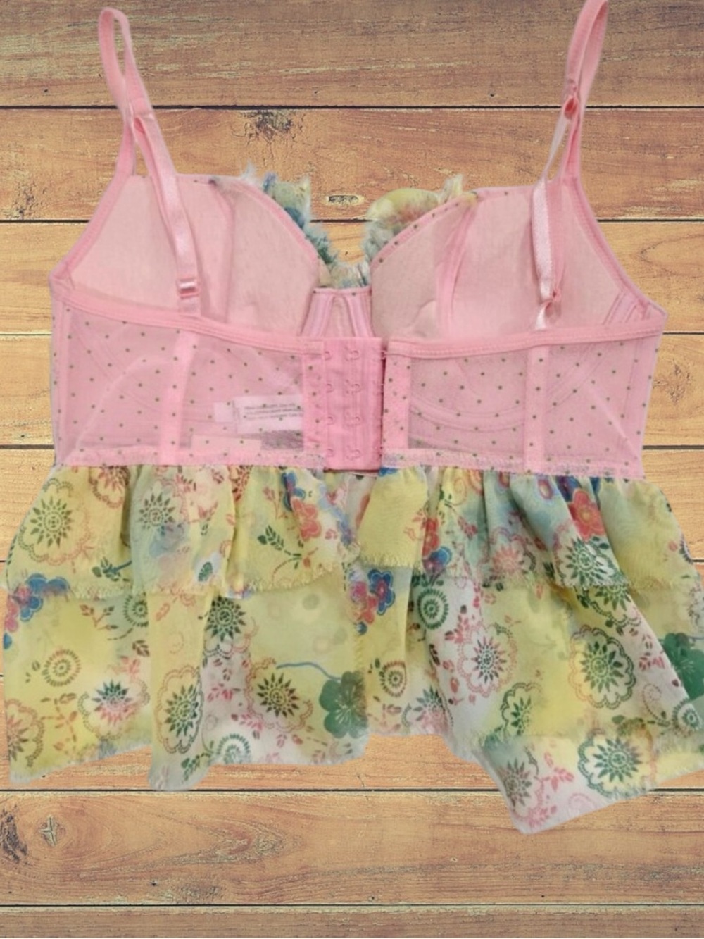 Necessary Objects Pink Floral Polka Dot Sheer Fairycore Bra Top Ruffle Tier NWT - Picture 5 of 12